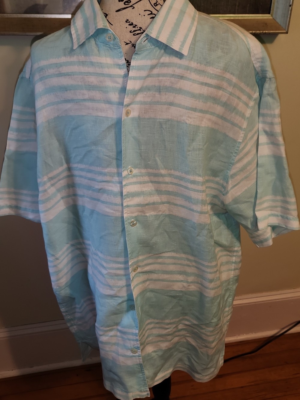 Caribbean Light Blue & White Striped Linen Button-Front Shirt Large